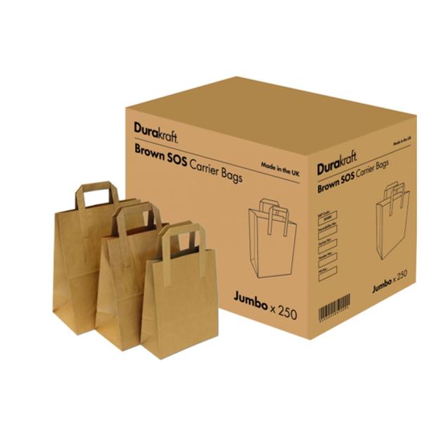 Dura Kraft SOS Paper Bag Medium flat paper handle 260x210x110 70gsm 250/ctn